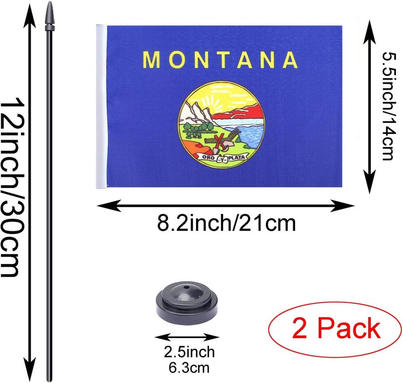 WXTWK 2 Pack USA Montana Flag Montana State Desk Flag Set - Mini Small Montana Table Office Flags with Black 12" Solid Pole Stand Base Classroom Meeting Desktop Decorations - Image 2